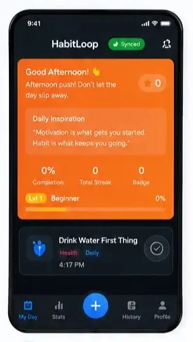HabitLoop My Day Dashboard showing habit tracking, reminders and streak progress