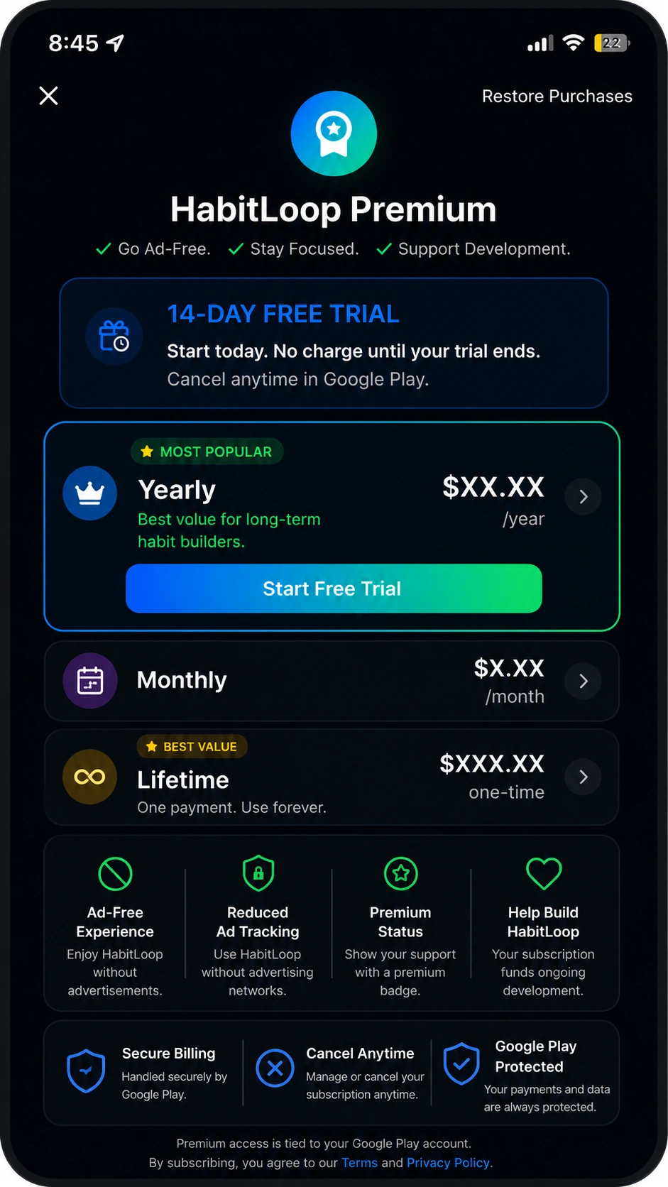 HabitLoop Premium: Remove ads and support HabitLoop development.