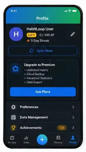 HabitLoop Profile & Premium showing user settings, backups and premium features